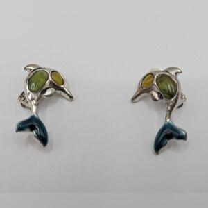 Silver Tone Yellow Green Stone Dolphin Clip On Earrings NWOT 1.25" Length